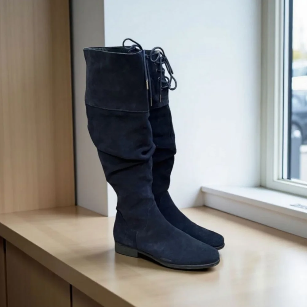 Matisse Camilla Navy Suede Tall Over The Knee Slouch Boots Lace Up 9W